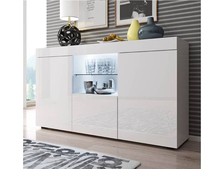 Buffet - DESIGN AMEUBLEMENT - Sefora - 3 portes - Blanc Brillant - Étagère verre LED