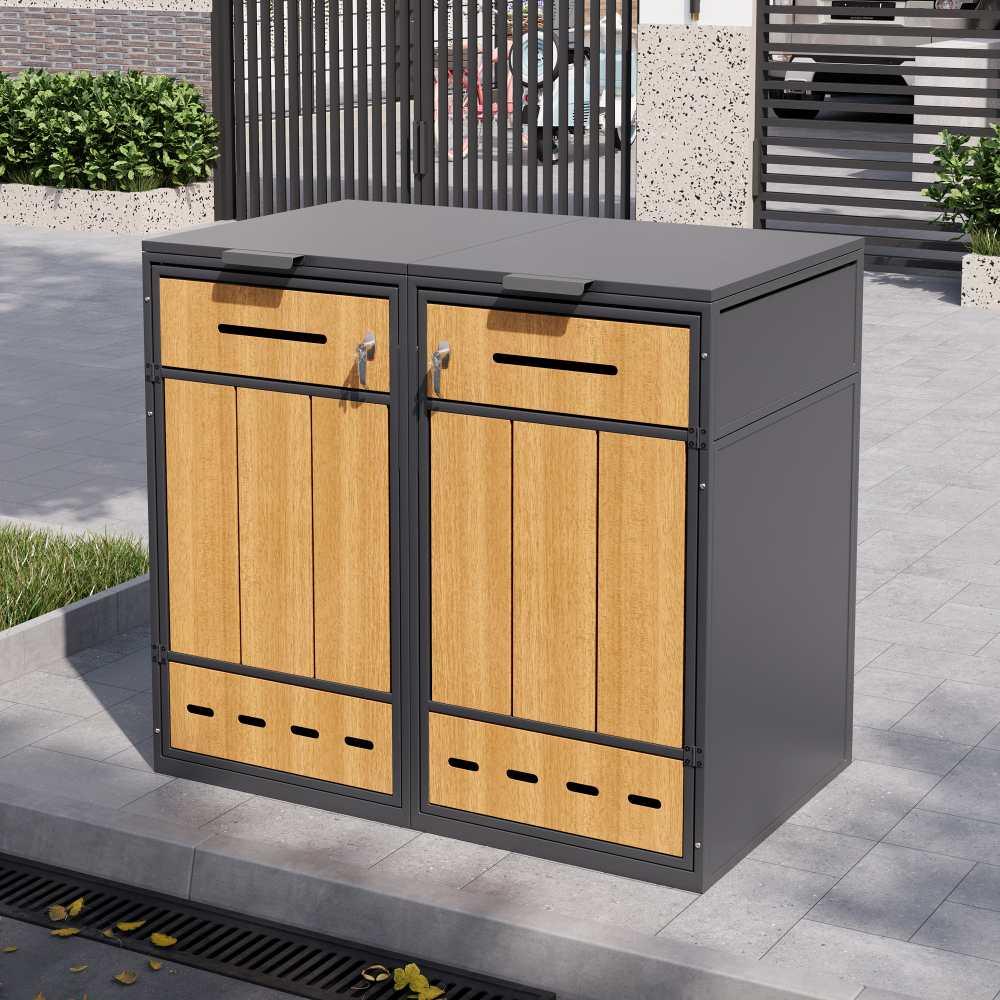 Abschließbare Mülltonnenbox mit Belüftung und Stauraum für vier Mülltonnen, Doppel-Türen, passend für 120-240 Liter.