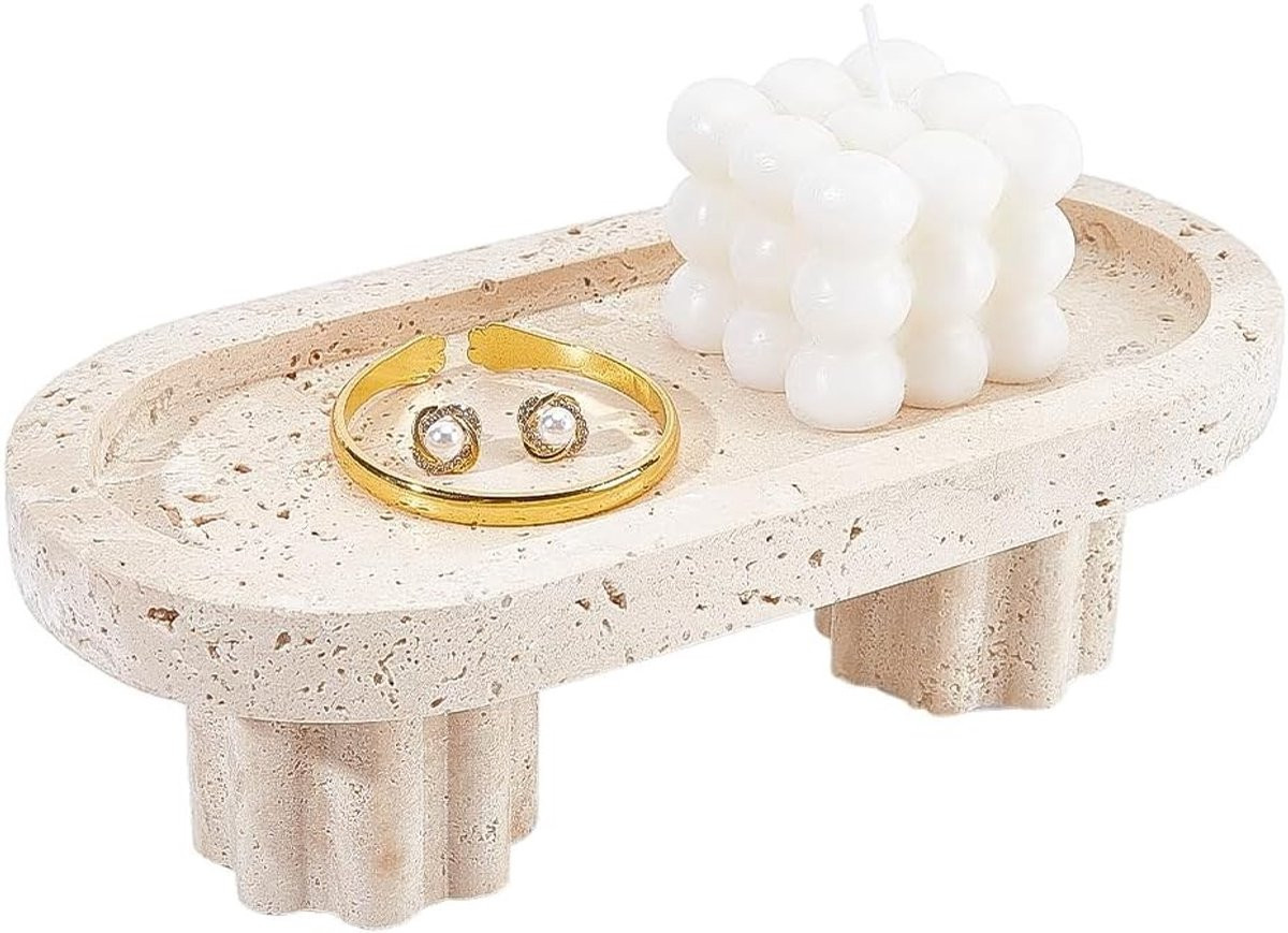 Marmeren ovaal dienblad met 2 poten in linnenkleur, B: 24,6 cm, D: 12 cm