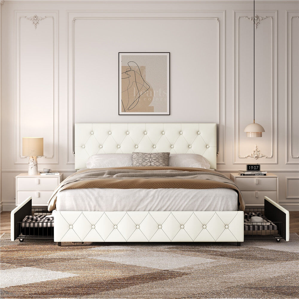 Yaheetech Upholstered Bed Frame with Drawer Storage Cream Kingsize (5')