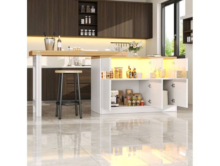 Bartisch ausziehbar en MDF blanc 120-180 cm avec LED portes vitrées rangement intégré et fonction 360°