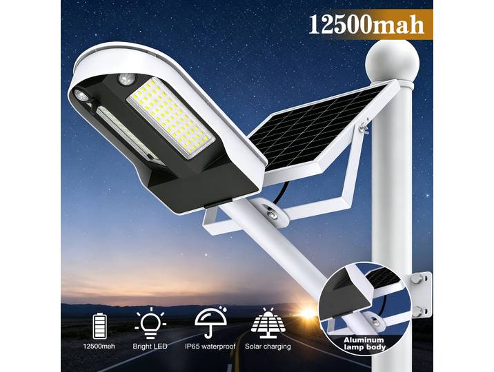 Lampe solaire extérieure Intelamp à longue autonomie 12500mA, éclairage de sécurité avec grand panneau solaire, deux capteurs de mouvement pour jardin, cour, garage, montage sur poteau.