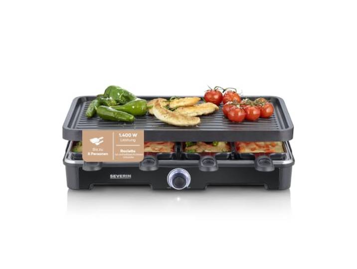 Severin Raclette-Grill, mit großer Grillplatte, Keramik- & Antihaftbeschichtung, 8 Raclette Pfännchen & 8 Spatel, Tischgrill für bis zu 8 Personen, 1.400 W Leistung, schwarz, RG 9670