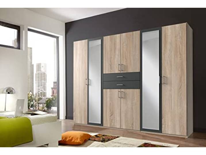 möbelando Kleiderschrank Drehtürenschrank Schlafzimmerschrank Schrank Schlafen Drugi II Eiche sägerau/Graphit