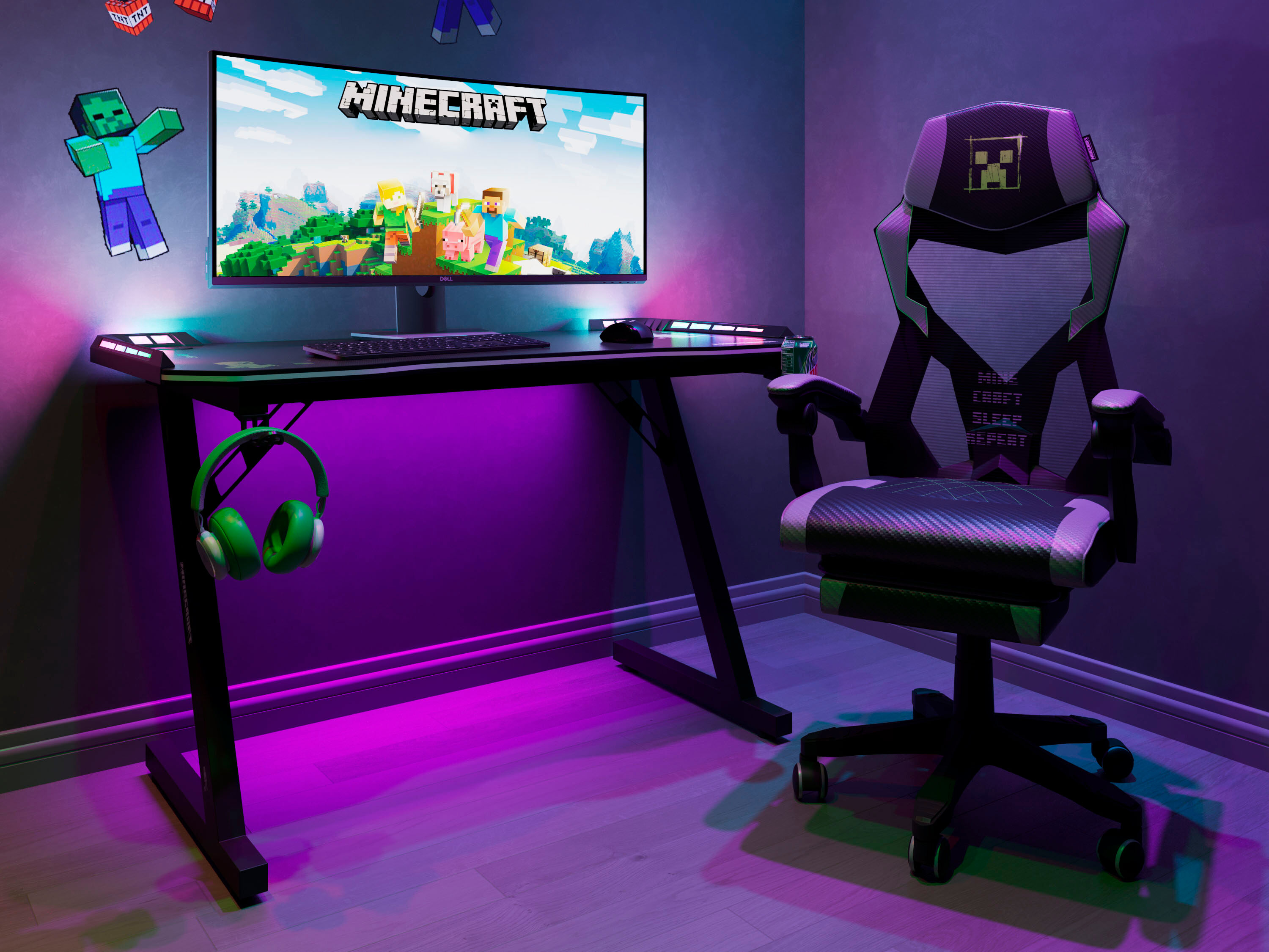 Gamingtisch PHOENIX, schwarz (weiß, neutral), B:120cm H:74cm T:60cm, Tische, Gamingtisch, inkl RGB LED Beleuchtung