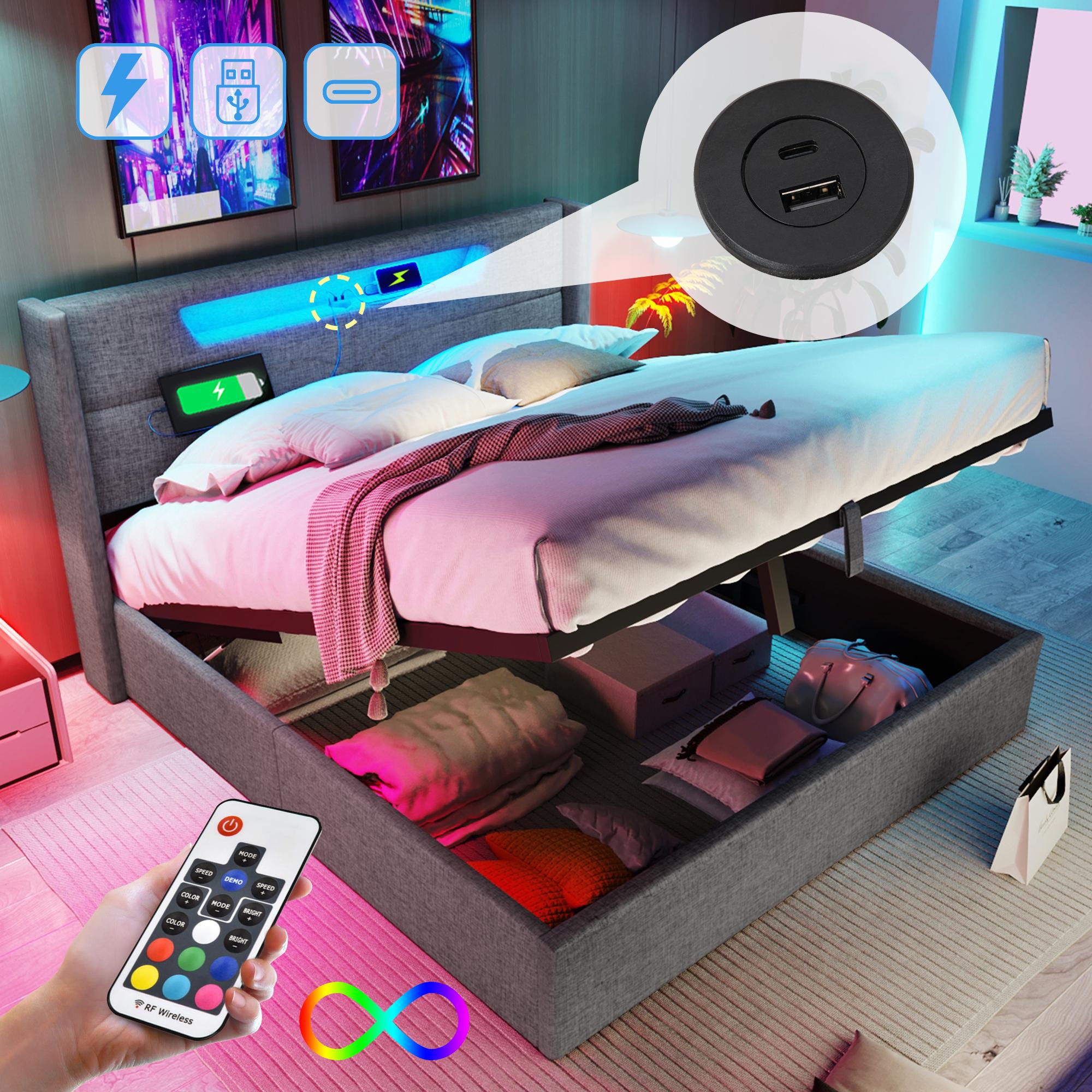 Polsterbett LED Doppelbett mit USB Typ C Ladefunktion und LED-Beleuchtung