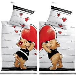 Leonado Vicenti Bettwäsche 135x200 Set Weiß Rot Herz Bärchen Design Mikrofaser 4 Teilig