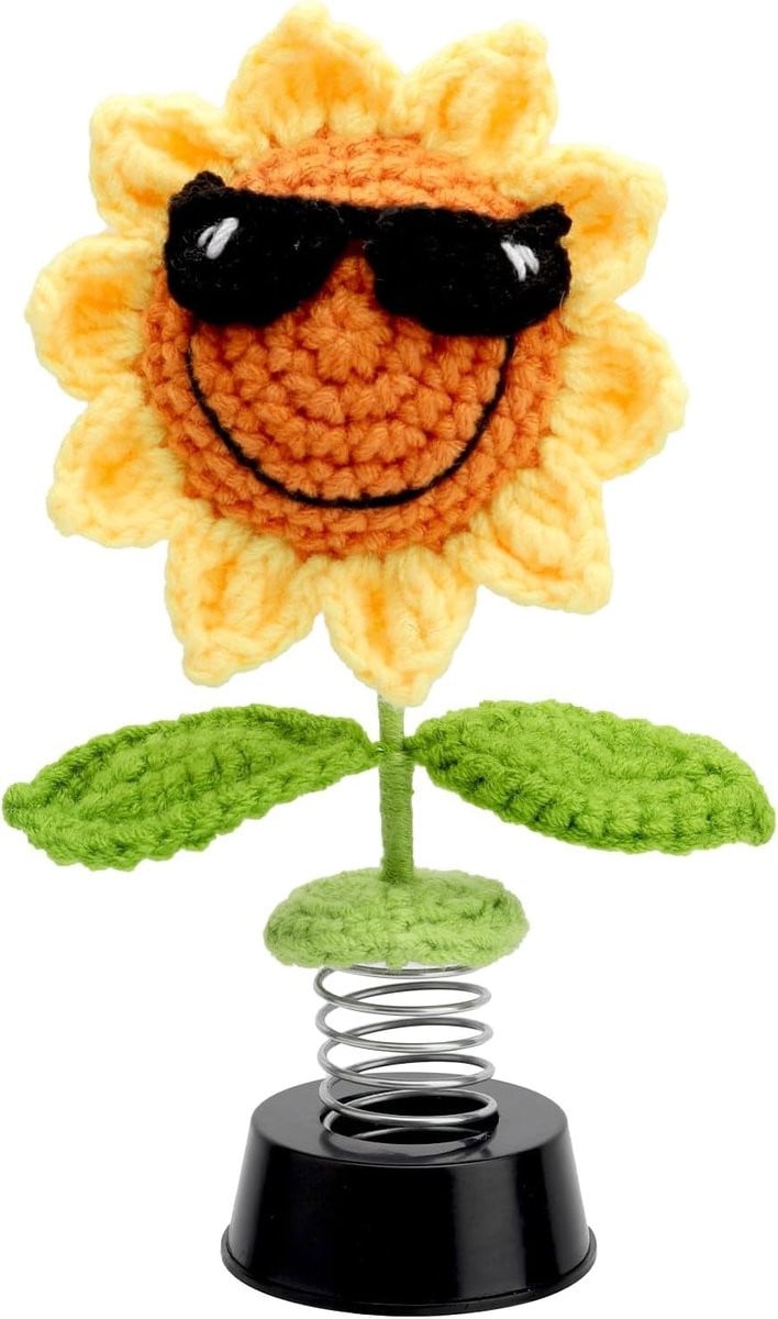 Handgemaakte Gehaakte Zonnebloem Decoratie voor Auto en Thuis | Unieke Wobble Figuur voor Dashboard en Bureau