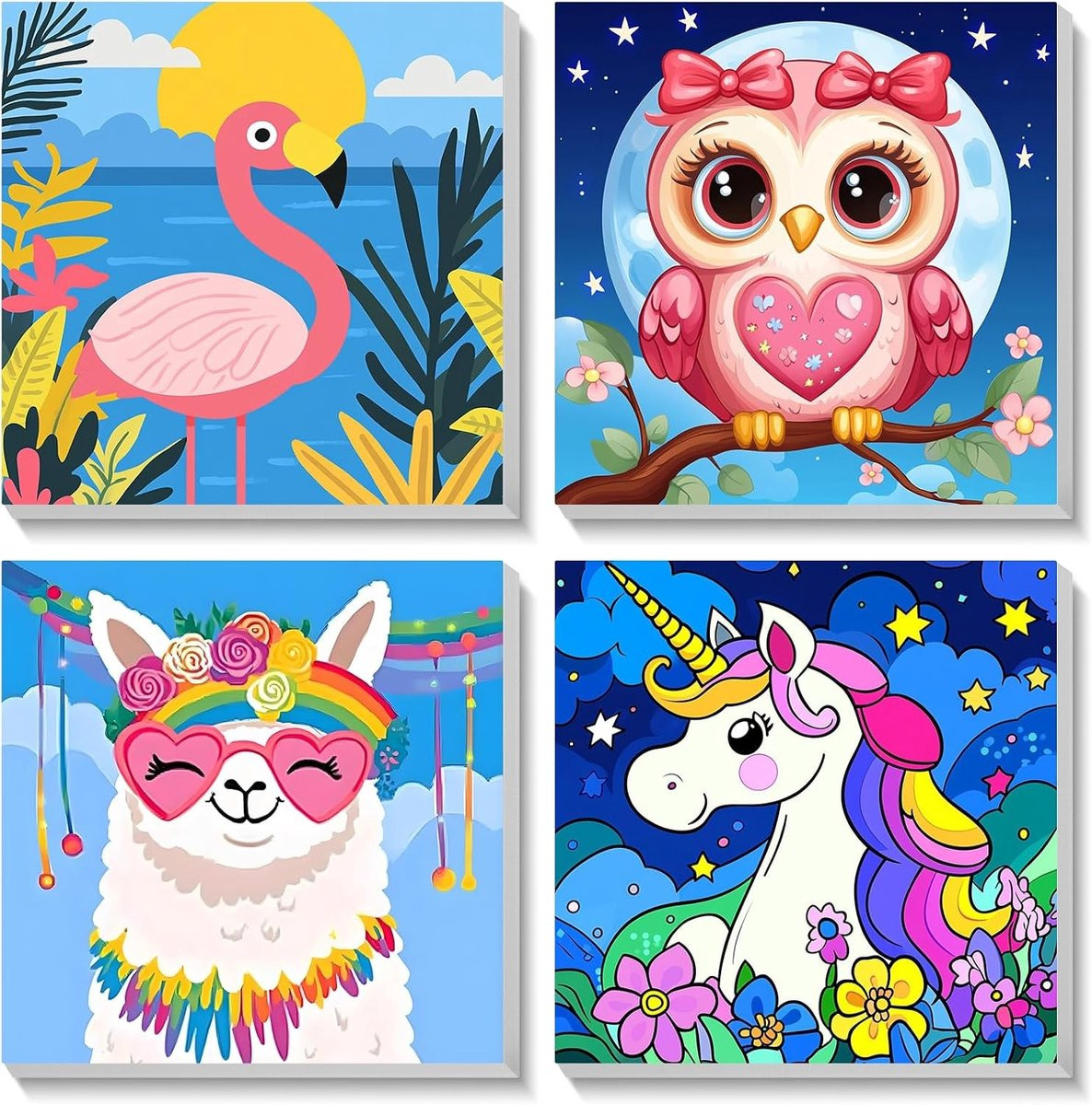 Set van 4 Dieren Schilderen op Nummer Dozen voor Kinderen en Volwassenen, Acryl Schilderen, 20 x 20 cm
