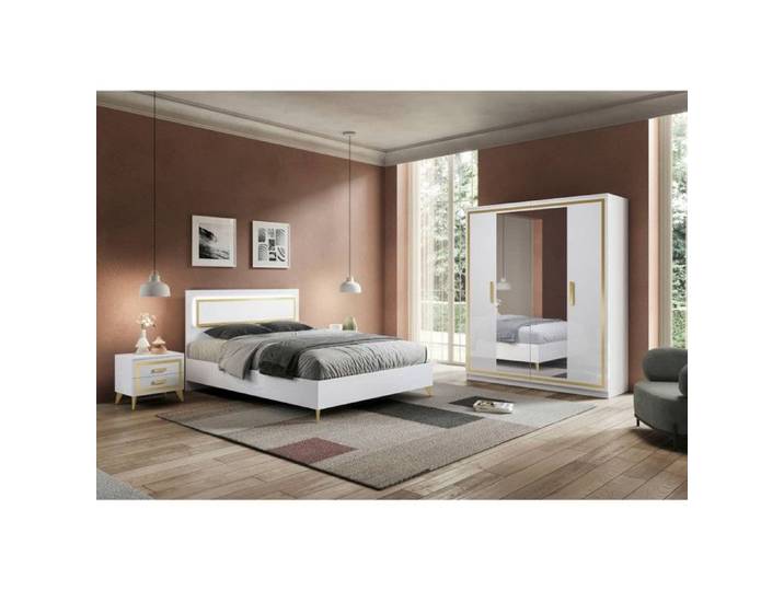 JEMMA - Chambre 160x200cm Blanche et Décor Doré Lit avec Leds + 2 Chevets + Armoire