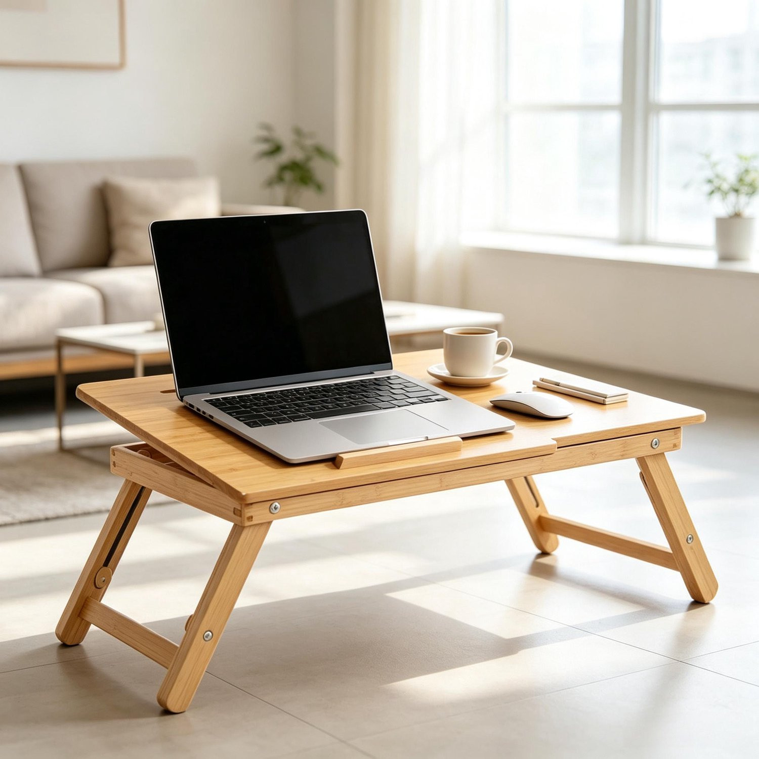CHICFURN Opklapbare en hoogteverstelbare bedtafel met lade in natuurlijk design