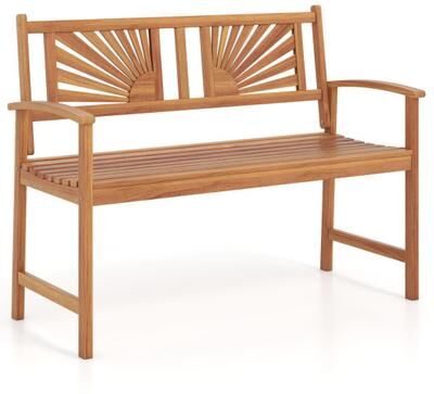 Costway 2-Person Acacia Wood Outdoor Garden Bench with Sunburst Back and Curved Armrests