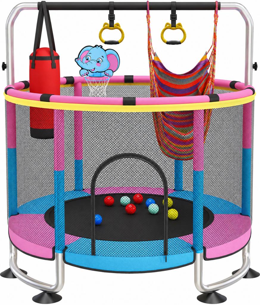 Kindertrampolin 150 cm mit Sicherheitsnetz, Schaukel und Basketballkorb, rosa - Trampolin - Indoor-Outdoor