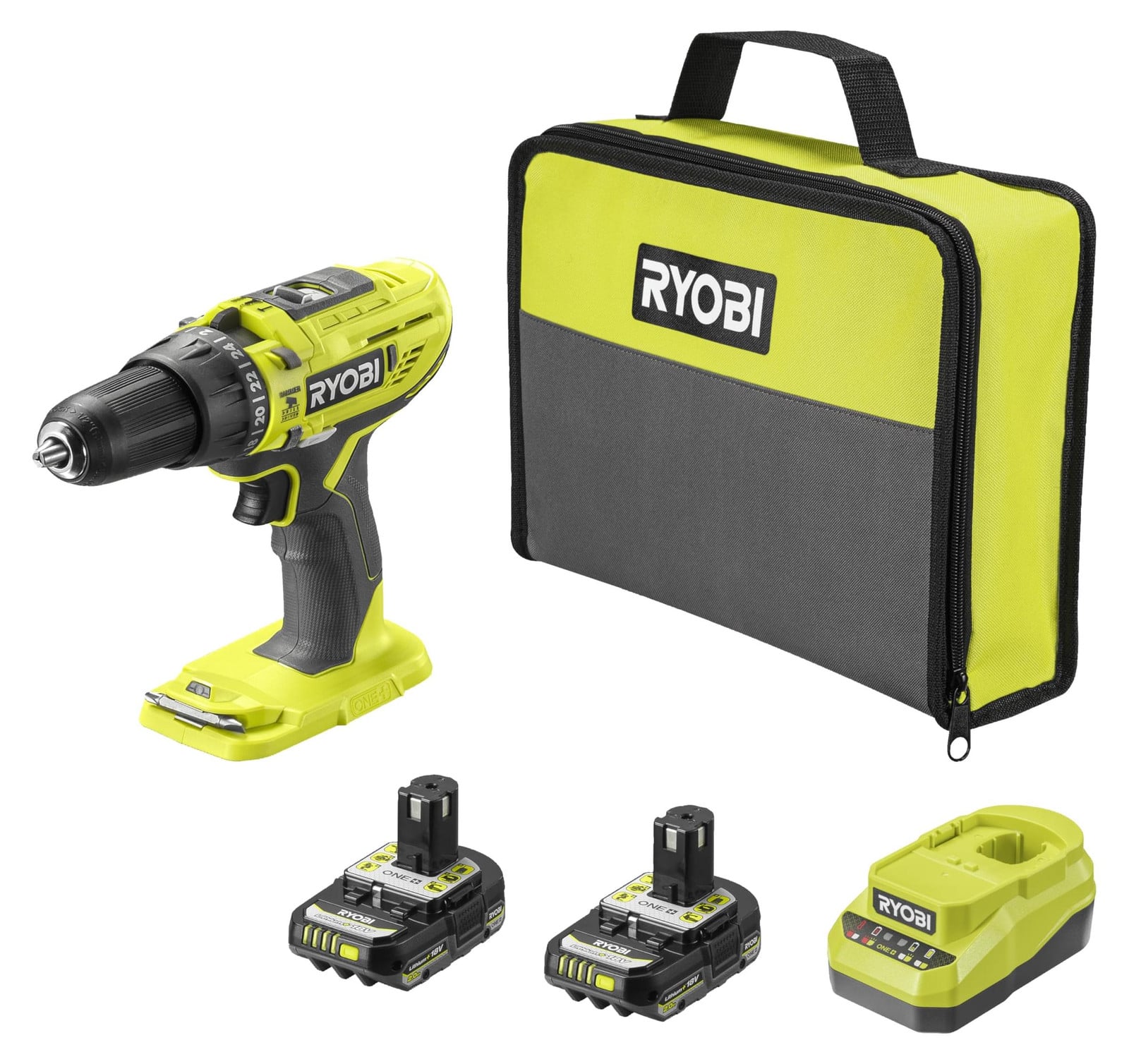 Ryobi 18V ONE+ accuboormachine met slagfunctie R18PD32-2C20SP inclusief 2 x 2,0 Ah accu's en lader