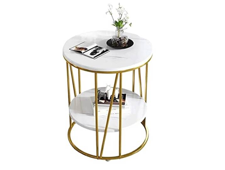 AZHKJKZH Nachttisch 20 Zoll Breiter Beistelltisch, Runder Aus Kunstmarmor, Moderner Kleiner Metallrahmen, Heimdekoration, Nachttisch Für Wohnzimmer Wohnzimmer Schlafzimmer(White Gold)