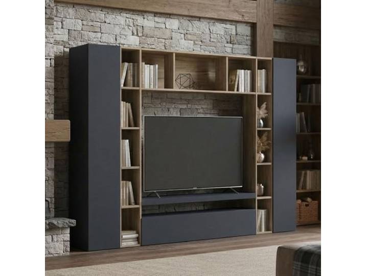 Dmora - Ausgestattete Wand Gilberto, 3-türiges TV-Ständer-Wohnzimmerset, Mehrzweck-Wohnzimmermöbel, 100% Made in Italy, 270 x 35 x 210 cm, Anthrazit und Eiche,