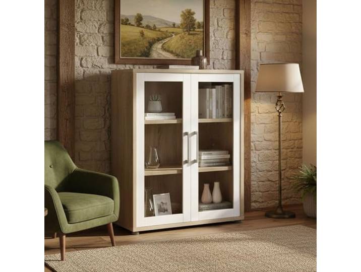 Dmora - Kommode Laureen, Wohnzimmerbuffet, Wohnzimmer-Sideboard, Moderne Küchen-Speisekammer, 89x40 h113 cm, Eiche und Weiß
