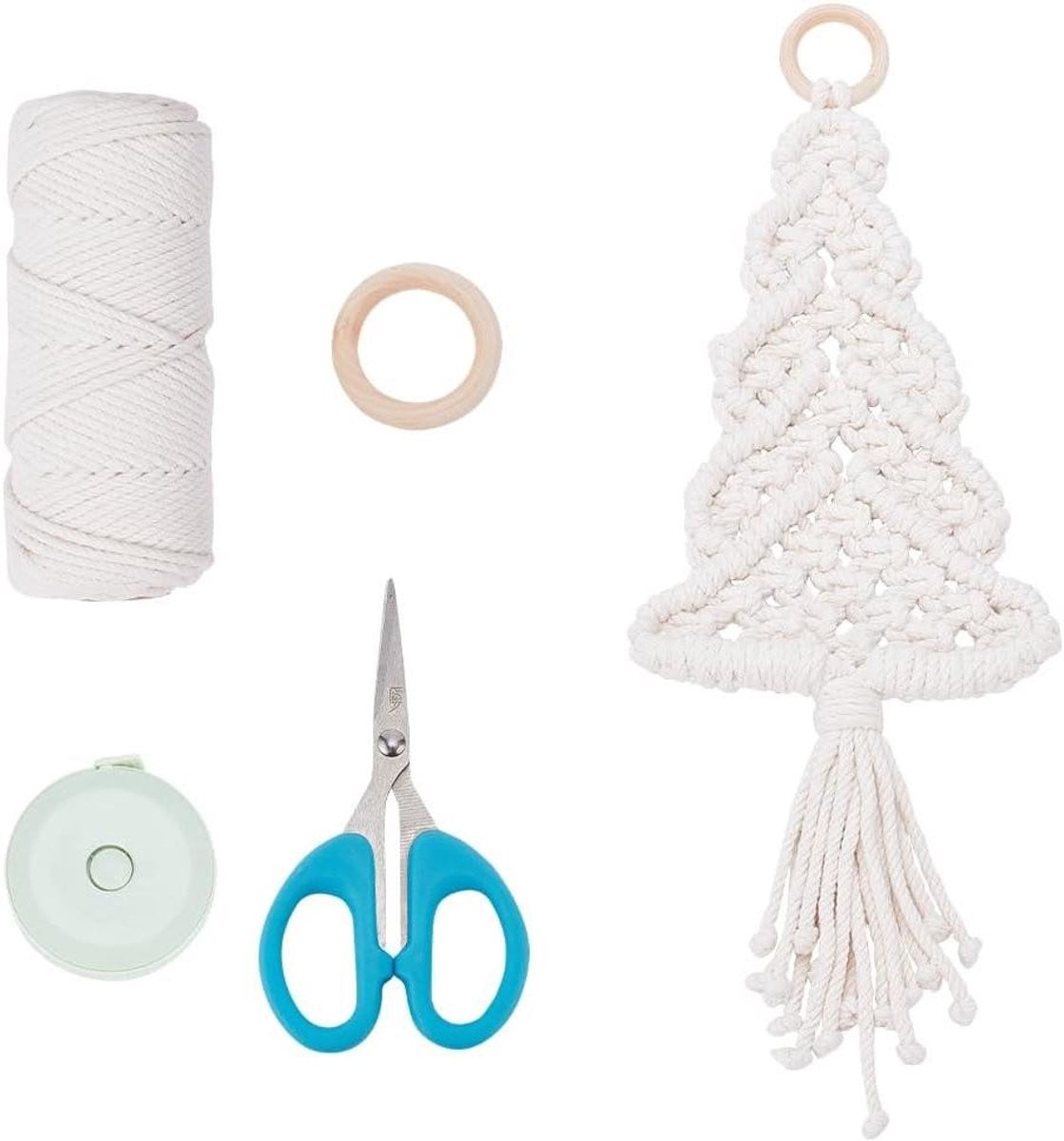 DIY Macrame Kerstboom Kit - Witte Boho Kerstdecoratie met Textiel en Hout