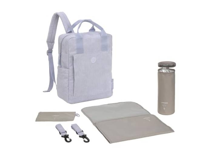 LÄSSIG Baby Wickelrucksack Wickeltasche Rucksack mit Wickelunterlage, Kinderwagenbefestigung, Flaschenhalter Vividal Backpack cord lilac