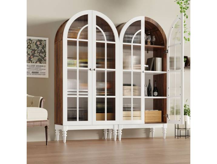 Set de 2 Vitrines Bogen Montmartre 165 cm avec portes en Riffelglas 3 étagères réglables 2 couleurs disponibles (Nussbaum + Blanc)