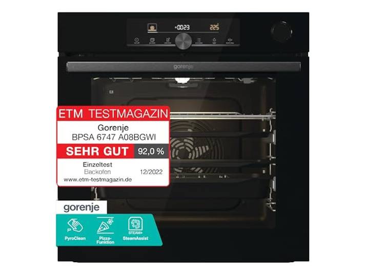 Gorenje OptiBake Advanced BPSA 6747 A08BG Einbau-Backofen / 77L / Heißluft / Pyrolyse / AutoBake / Touch Bedienung / Bratenthermometer / GentleClose & Open / SteamAssist / PizzaMode 300°C/ schwarz