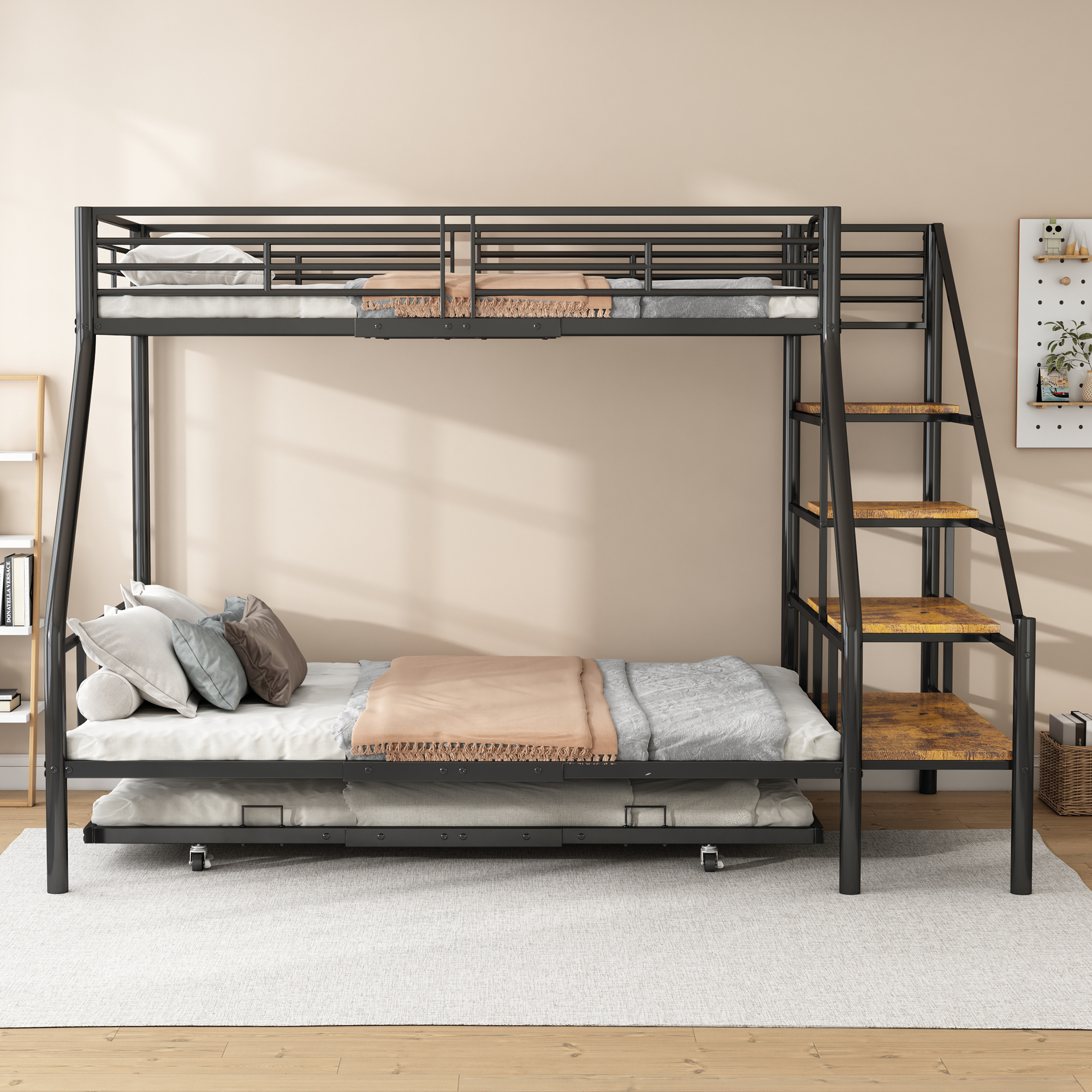 AIORBER Etagenbett, 90x200cm, mit ausziehbarem Bett, stabil und langlebig,mit Abstellleiter, Metallbettgestell, für Schlafzimmer, Kinderzimmer,Schwarz