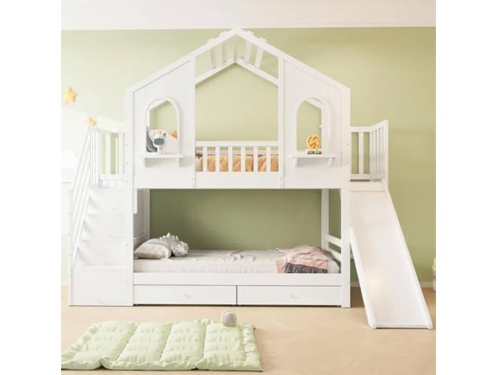I0I&I0I Etagenbett Kinderbett Hausbett mit Fenstern, Rutsche, Aufbewahrungsleiter und Schubladen für Kinderzimmer (White + Wood + 90cm*200cm)