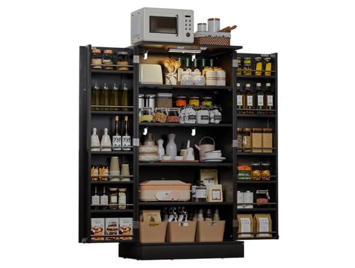 Yorbay 118 cm Küchenschrank mit LED-Sensorleuchte: 17 Fächer mit 2 Türen 3 Verstellbare Regalböden - Stützrollen zur Türentlastung - Vorratsschrank mit Kippsicherung für Küche Esszimmer (Schwarz)