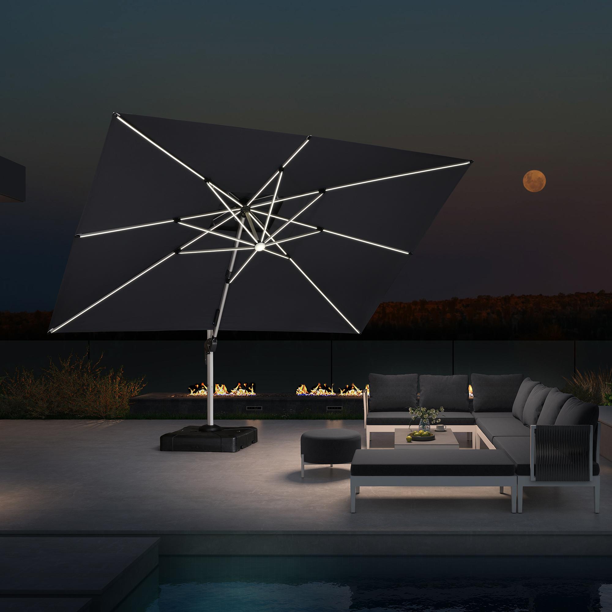 PURPLE LEAF Sonnenschirm mit LED Solar Beleuchtung Ampelschirm 300 x 400 cm Rechteckig Groß 360°Rota Außenbereich Alu, Balkonschirm XXL UV50+, Grau