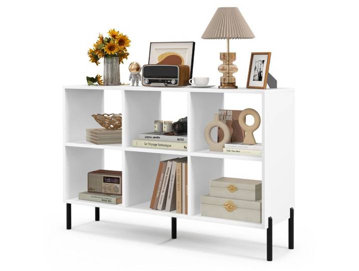 GOPLUS Meuble à Casier 6 Cubes-Bibliothèque Étagère Ouverte à 3 Niveaux-5 Pieds en Métal-120x35x79 5cm Charge 150KG Blanc