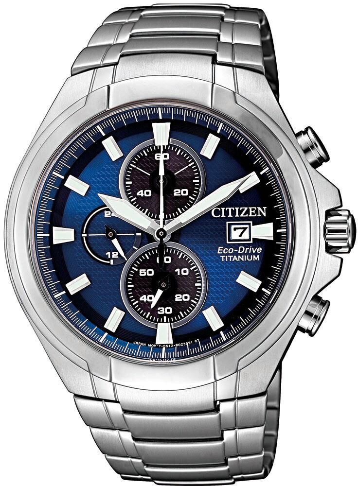 Chronograph CITIZEN, silber (silberfarben, blau, blau), Armbanduhren, Herren, silberfarben, Chronograph, Armbanduhr, Herrenuhr, Solar, Stoppfunktion, Titan, Saphirglas silberfarben, blau, blau silberfarben