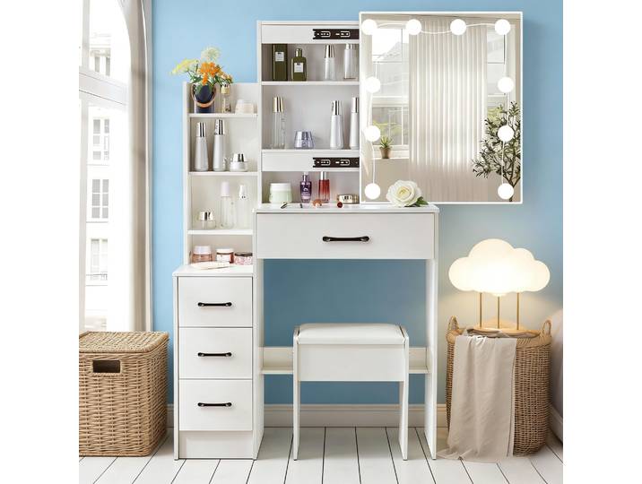 Ensemble de coiffeuse moderne Teousev avec miroir coulissant LED, étagère et rangement, mobilier de chambre à coucher