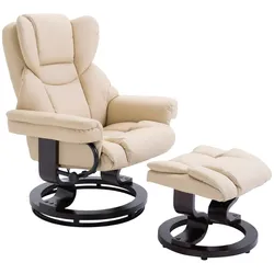 STILVORA Relaxsessel mit Hocker Kunstleder Cremeweiß 100x80x79 cm drehbar bis 145 Grad, Metall Bugholz Basis, weiche Polsterung für Wohnzimmer