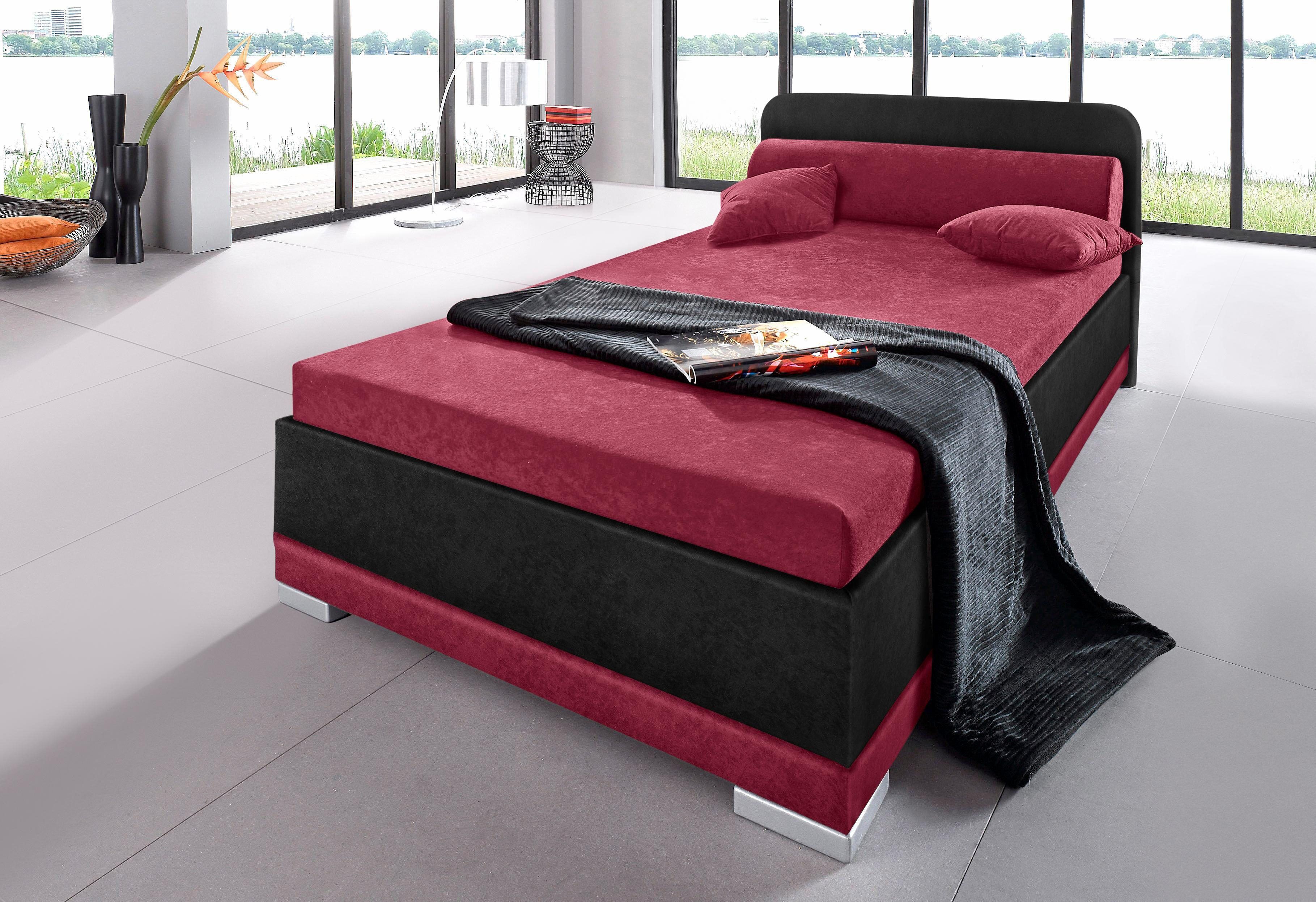 Polsterbett MAINTAL "LAGO wahlweise mit Matratze & Bettkasten, Bezug: Microvelours", rot (bordeauxrot, schwarz), B:97cm H:91cm L:211cm, Bezug Bett: 100% Polyester;Bezug Matratze: 100% Polyester, Betten, Polsterbett, in verschiedenen Grössen und Farben erh
