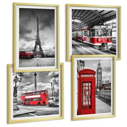 BILDER SET 4er Set - 50x50 cm & 40x60 cm Goldrahmen - Ikonische Städte London Paris Eisenbahn