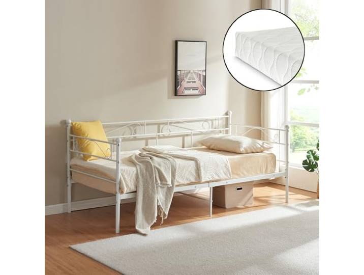 [en.casa] Metallbett mit Matratze 90x200 Metall-Tagesbett mit Lattenrost Öko-Tex Standard 100 Atmungsaktiv Kojenbett Bett Schlafzimmerbett Weiß