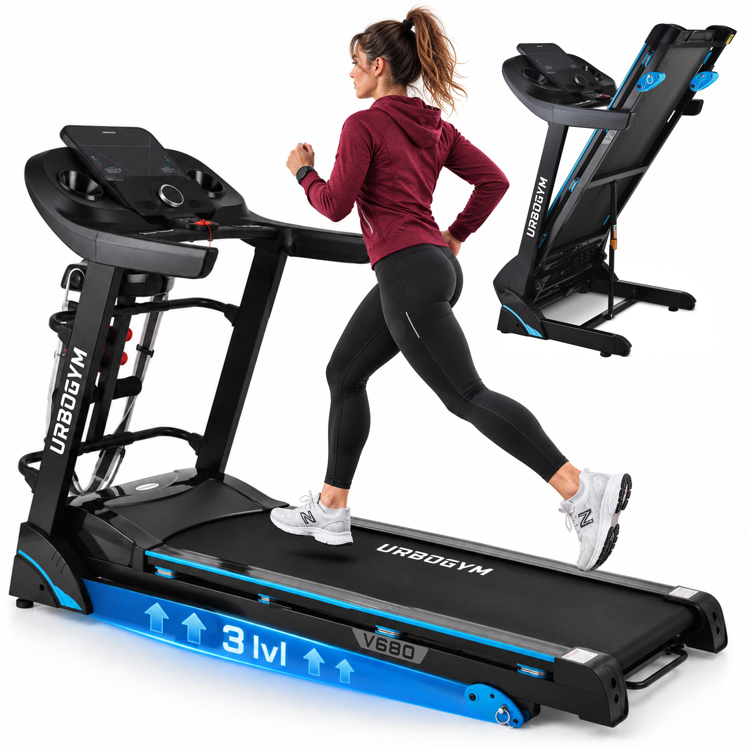 URBOGYM V680 Laufband für Zuhause, 16 km/h, 3 manuelle Steigungsstufen, 24 Programme, FitShow App, klappbar