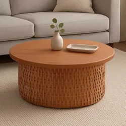 Couchtisch MCW-P15, Beistelltisch Sofatisch Wohnzimmertisch Mahagoniholz Rattan rund Ø75cm
