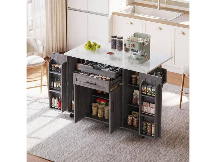 Ilot central cuisine 120×45cm de travail extensible jusqu'à 70cm tiroir à couverts dissimulé étagères réglables Ilot central