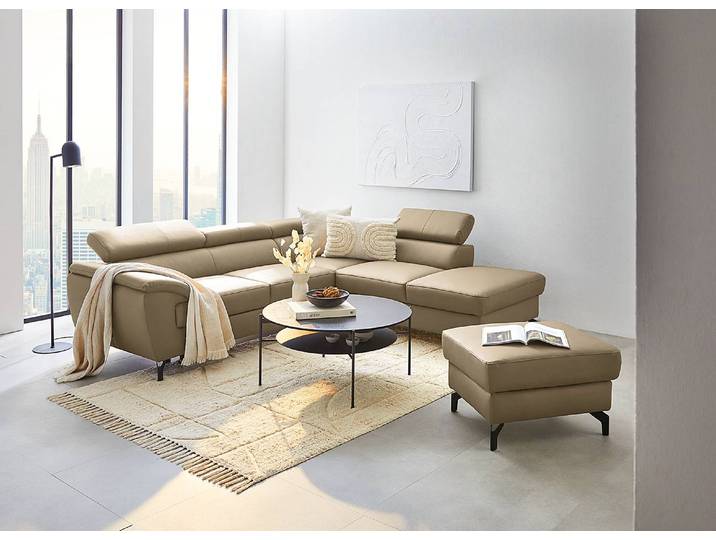 Polsterhocker Cartillon 70 x 44 x 60cm Braun Echtleder Mabel / Kunstleder Manda: Cappuccino