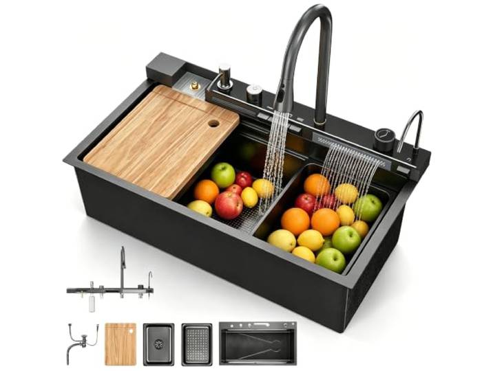 Spülbecken Küche, Spüle 1 Becken, Einbauspüle Küchenspüle Spülbecken, Waschbecken Küche mit Siphon, Überlauf und Ablaufgarnitur, Multifunktionale Moderne Wasserfall mit Zubehörset, 80x45×23cm