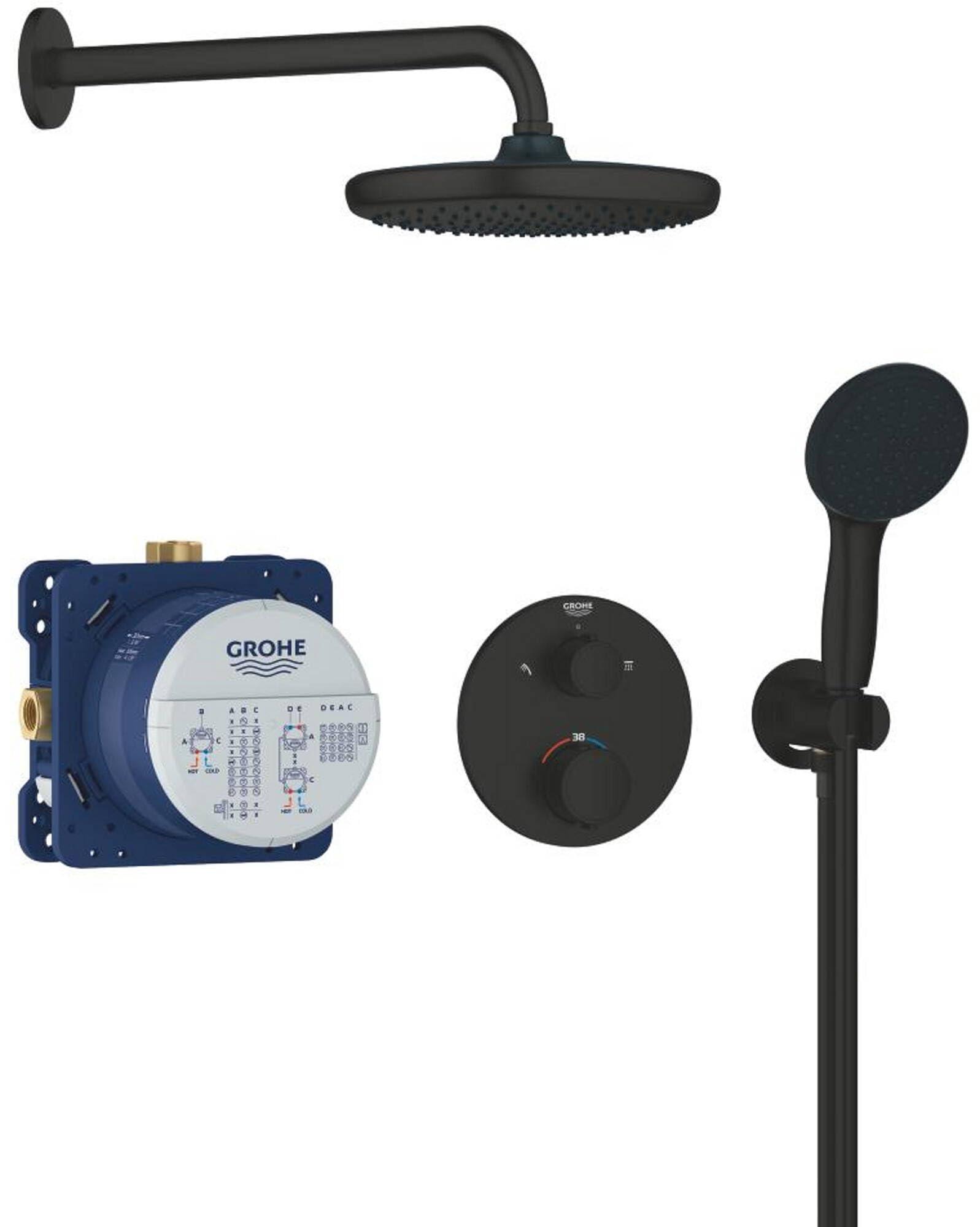 Douchesystem 250 mm Regenbrause + Handbrause, Thermostat, schwarz