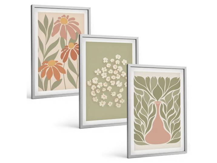 BILDER SET 3er Set - 40x60 cm Silberner Rahmen - Florale Boho-Muster