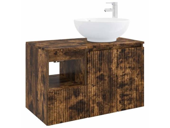 PUGYNBK Badezimmermöbel-Set, 2-teilig, Eiche rauchfarben Wandmontage, Holz, Schminktisch und Schrank, geräumige Aufbewahrung