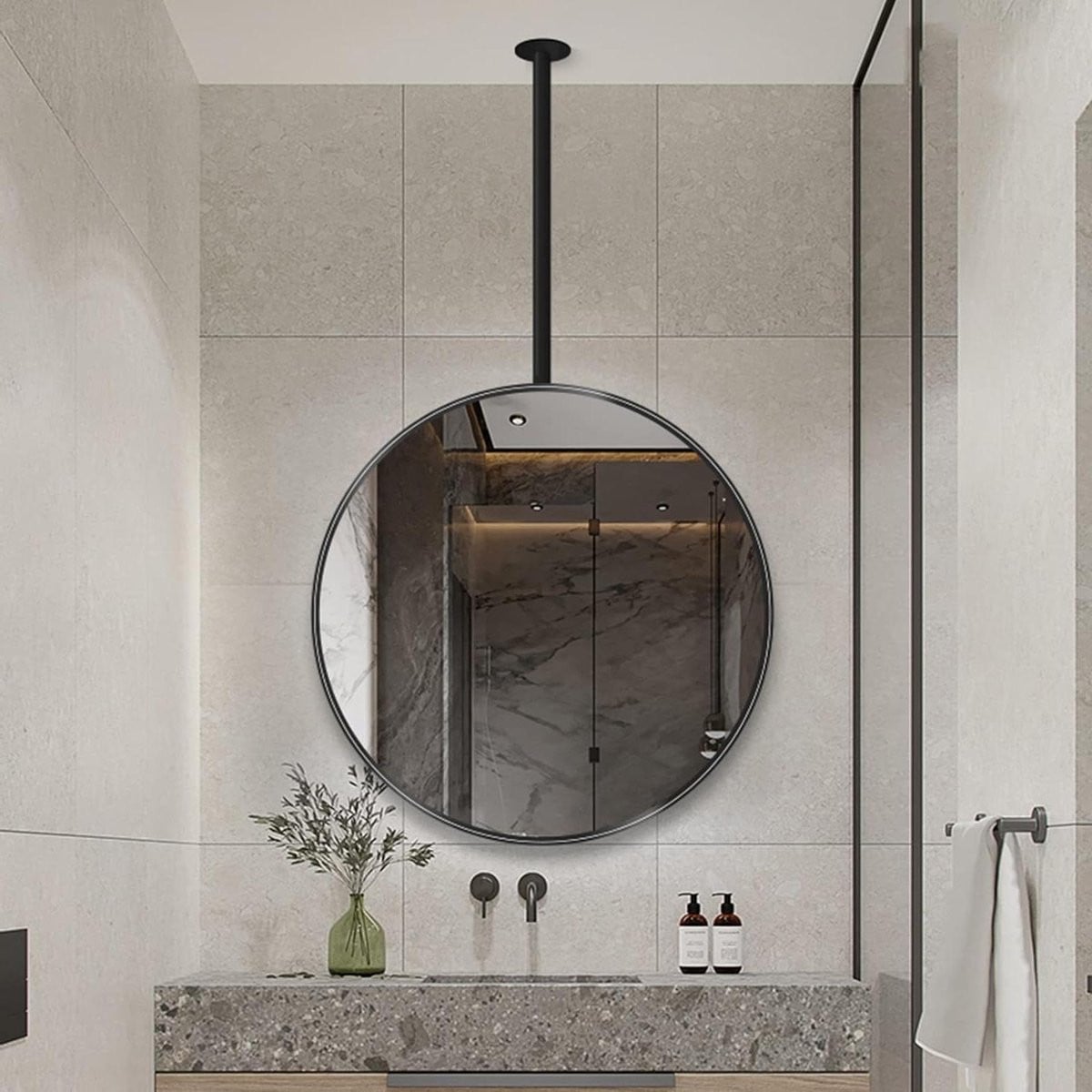 Ronde hangspiegel voor badkamer met zwart metalen frame, Diameter: 70 cm