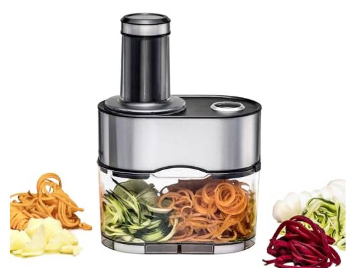 ROMMELSBACHER Spiralschneider EGS 80-5 Messereinsätze für verschiedene Gemüsenudeln, 2,5 Liter Auffangbehälter, großer Einfüllschacht, 2-fach Sicherheitssystem, komplett zerlegbar, Edelstahlgehäuse