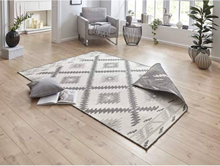NORTHRUGS In- und Outdoor Teppich Malibu 80x150cm - Wendeteppich Wetterfest Modern Geometrisches Muster Läufer für Balkon Terrasse Garten Wintergarten Wohnzimmerteppich Wasserfest in Grau Creme