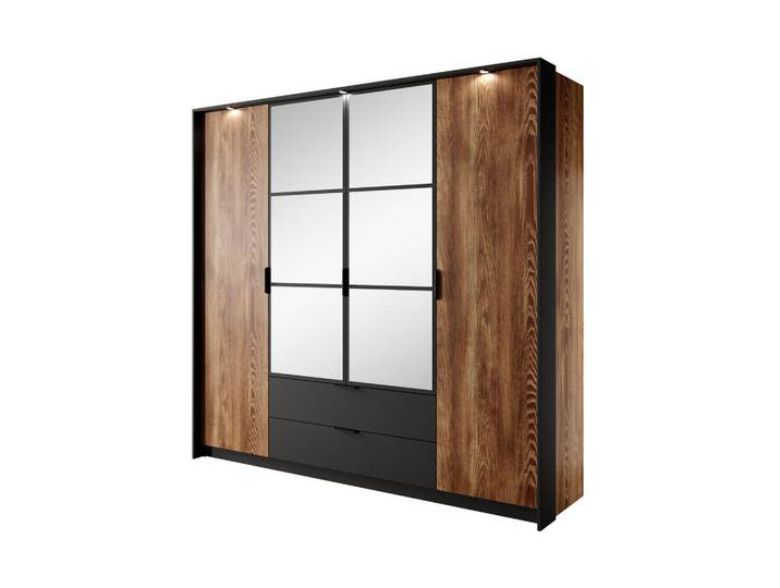 Ravio Kleiderschrank Melton 223 cm Kastanie / Anthrazit - mit Spiegel, Schubladen und Led, Kastanienfarben, Anthrazit, Holz, Kunststoff, Metall, Eiche, 9 Fächer, Rechteckig, 223x210x59 cm, Schlafzimmer, Kleiderschränke
