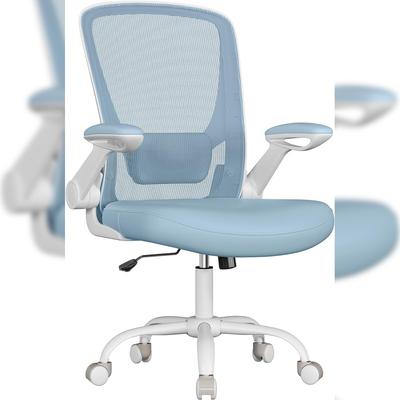 Bürostuhl mit Netzbespannung, klappbare Armlehnen, große Sitzfläche, gepolsterte Lendenstütze, Wippfunktion, bis 120 kg belastbar, nebelblau