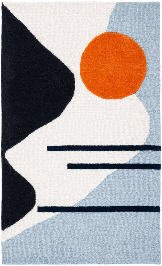 Bloomsbury Market Abstract Wool Hand Tufted Area Rug Ivory/Blue Rectangle 69 X 122cm